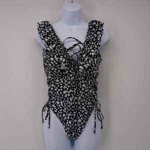 XOXO Women's NWOT Monochrome Dot Print Ruffle V Neck One Piece Swimwear Size M